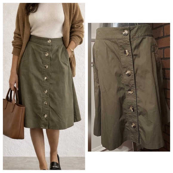 Isaac Mizrahi Dresses & Skirts - Olive Green Button Front Skirt Size 6 Preppy Utility Academia